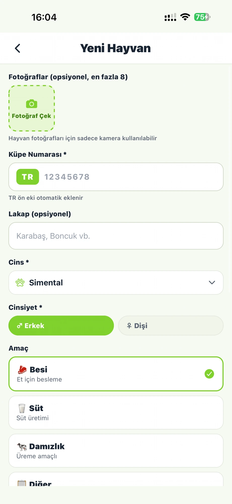 Yeni hayvan ekleme formu